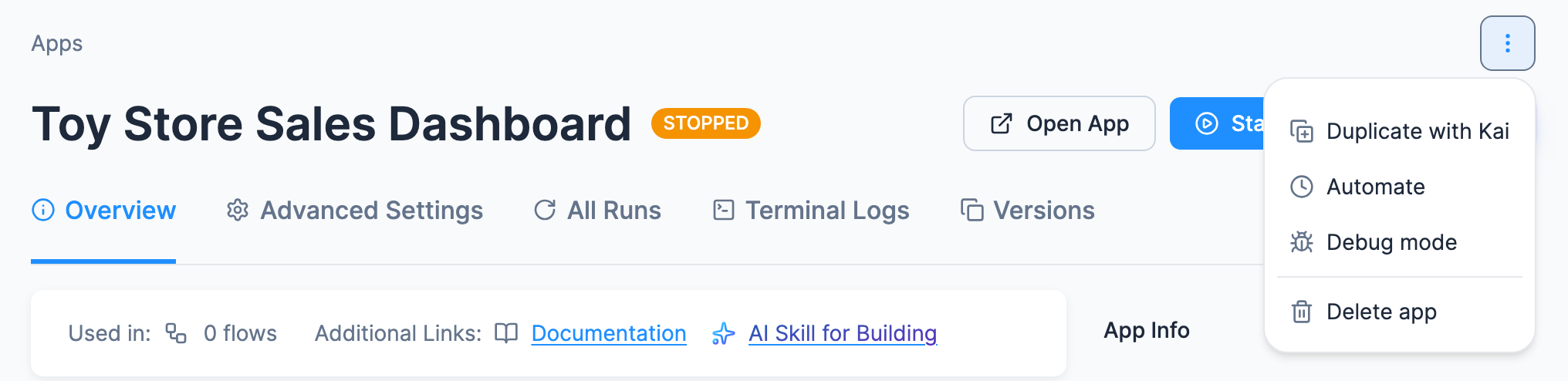 A stopped app's header with Open App and the ⋯ menu open over the Start button: Duplicate with Kai, Automate, Debug mode and Delete app